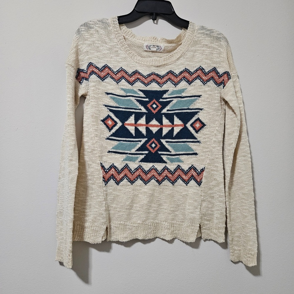 Pink Rose Womens Southwestern Tribal Knit Sweater Cream Ivory Geometric Medium